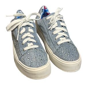 Madden NYC Denim Platform Low Court Platform Sneaker with Rhinestones Size 6